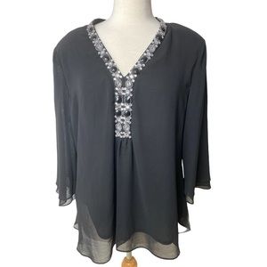 GILANI Blouse V Neck Beaded Semi Sheer